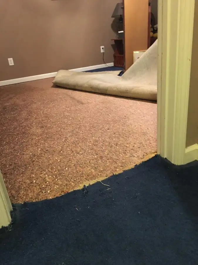 Carpet pad removal revealing water damage during Drying & Dehumidification in Flowood